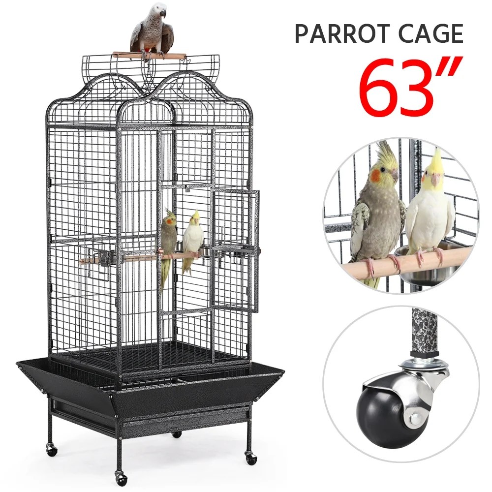 Alden Design 63" Large Parrot Cage with Open Playtop Metal Rolling Bird Cage for African Grey Parakeets, Cockatiels, Black - Image 3