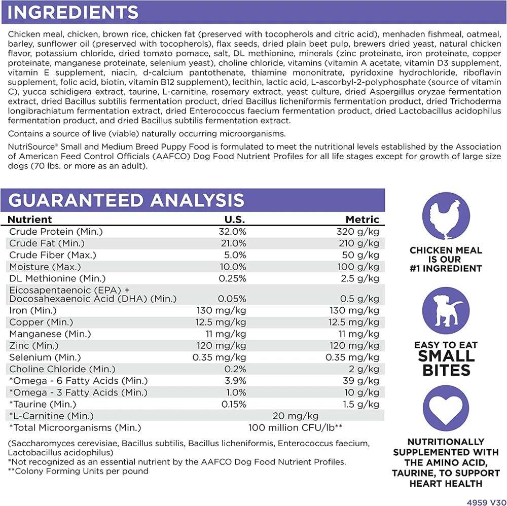 NutriSource Puppy Food for Small and Medium Breeds, Chicken Meal and Rice, 26LB - Image 2