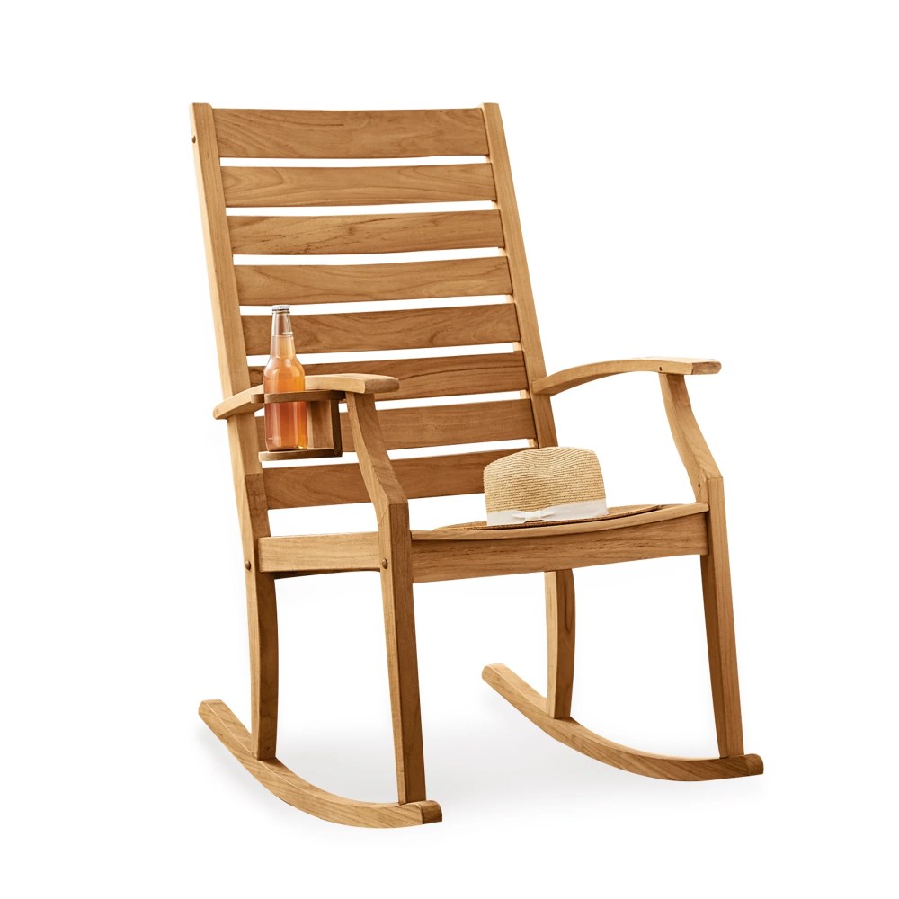 Logan Solid Teak Outdoor Rocking Chair with Bottle Holder, Natural Teak - Image 2
