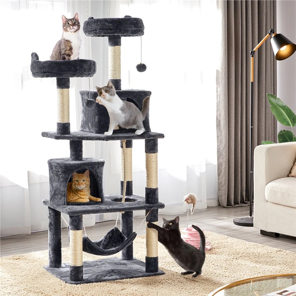 Alden Design 62" Tall Double Condo Cat Tree and Scratching Post Tower, Dark Gray - Image 8