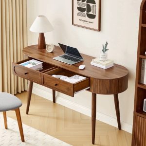 YOCWO Modern Home Office Desk with 2 Drawers and 2 Flip-top Storage,Oval Computer PC Desk Table,Vanity Desk with Fluted Curved Table Edge,Walnut