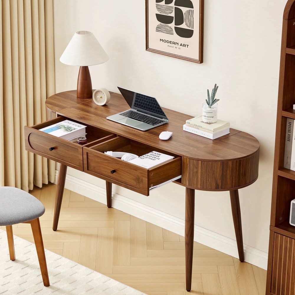YOCWO Modern Home Office Desk with 2 Drawers and 2 Flip-top Storage,Oval Computer PC Desk Table,Vanity Desk with Fluted Curved Table Edge,Walnut