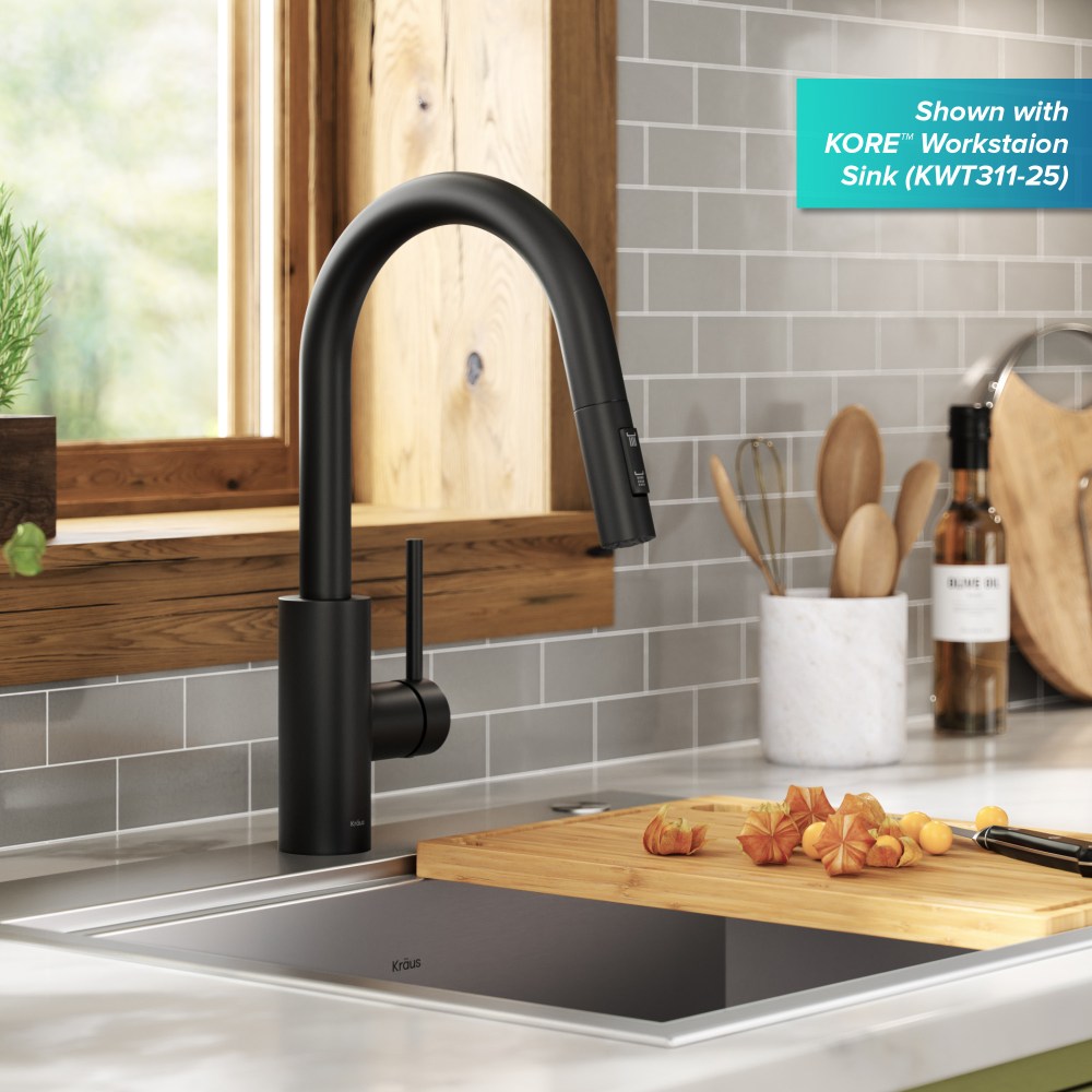 KRAUS Oletto Single Handle Pull Down Kitchen Faucet with QuickDock Top Mount Installation Assembly in Matte Black - Image 7