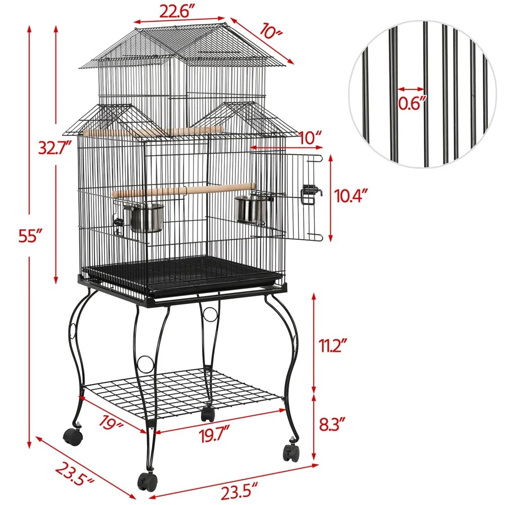 Renwick 55" Metal Rolling Bird Cage With Stand, Black - Image 15