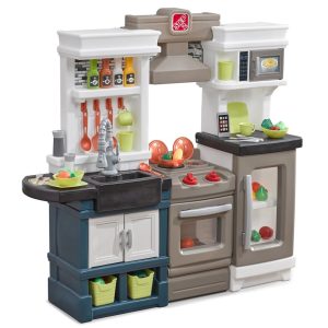 Step2 Modern Metro Blue Brown and White Kitchen includes 33 Piece Plastic Toddler Kitchen Playset