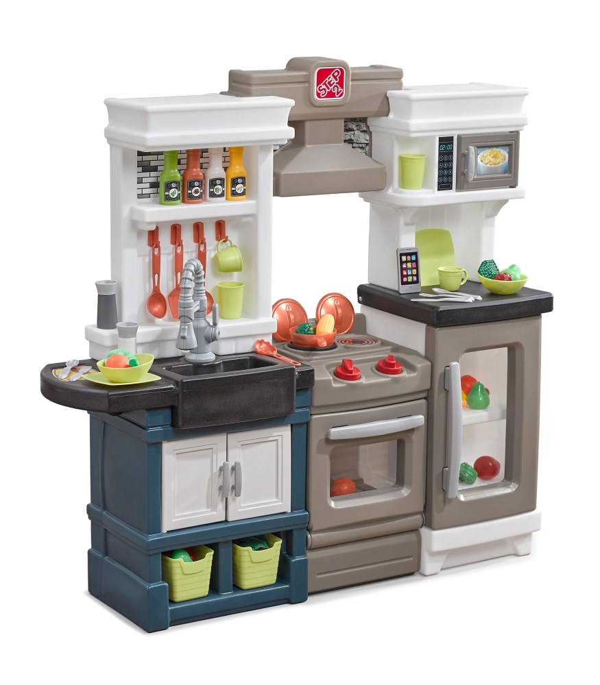 Step2 Modern Metro Blue Brown and White Kitchen includes 33 Piece Plastic Toddler Kitchen Playset