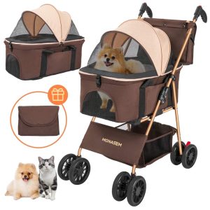 Monasem 3-in-1 Pet Stroller, Foldable 4-Wheel Cat & Dog Stroller with Detachable Carrier, Canopy and Storage Basket, up to 60lbs, Brown