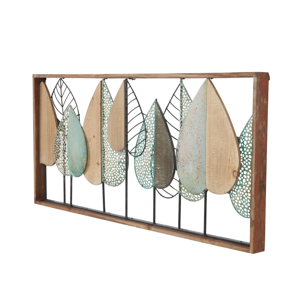DecMode Brown Wood Cutout Leaf Wall Decor with Green and Black Metal Wire Accents - Image 6
