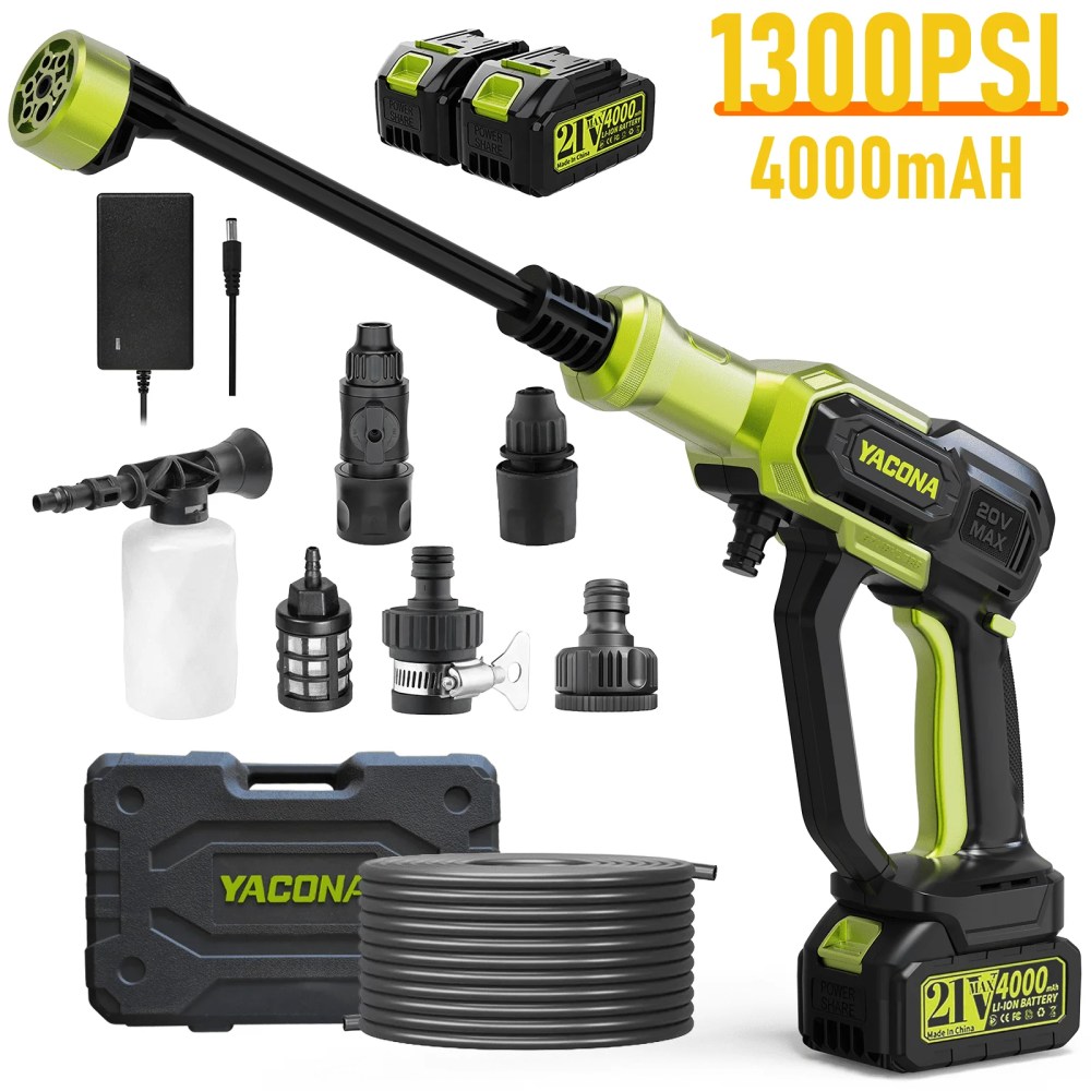 Yacona Cordless Pressure Washer,Power Washer with Battery&Charger,Electric Power Cleaner with 6-in-1 Nozzle,Green