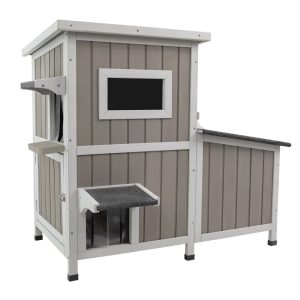 PETSCOSSET Outdoor Cat House 2-Story Wooden Condo - Weatherproof, Acrylic Window - Gray