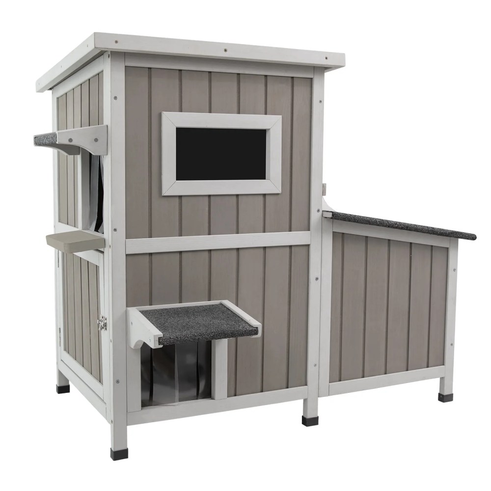 PETSCOSSET Outdoor Cat House 2-Story Wooden Condo - Weatherproof, Acrylic Window - Gray