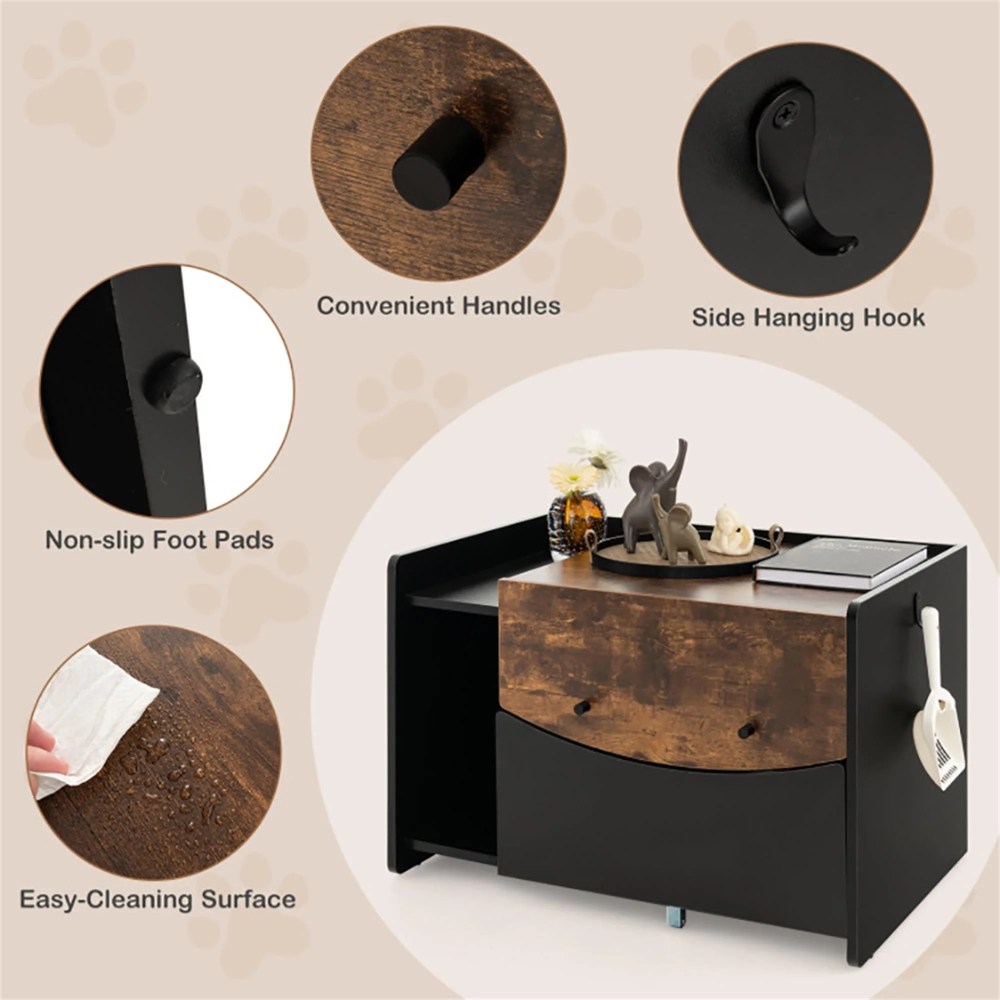 Pefilos 31" Wood Enclosed Cat Litter Box Enclosure, Hideaway Cat House Condo Washroom with Pull-out Drawer for Living Room, Black - Image 2