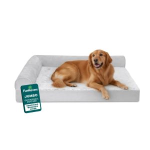 FurHaven Pet Products Jumbo Embossed Faux Fur & Suede Orthopedic Deluxe L-Chaise Dog Bed,  Gray