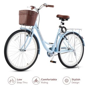 Viribus 24 inch City Cruiser Bicycle with Carbon Steel Frame Dual V Brakes Basket, Commute Bike for Women Adults, Blue