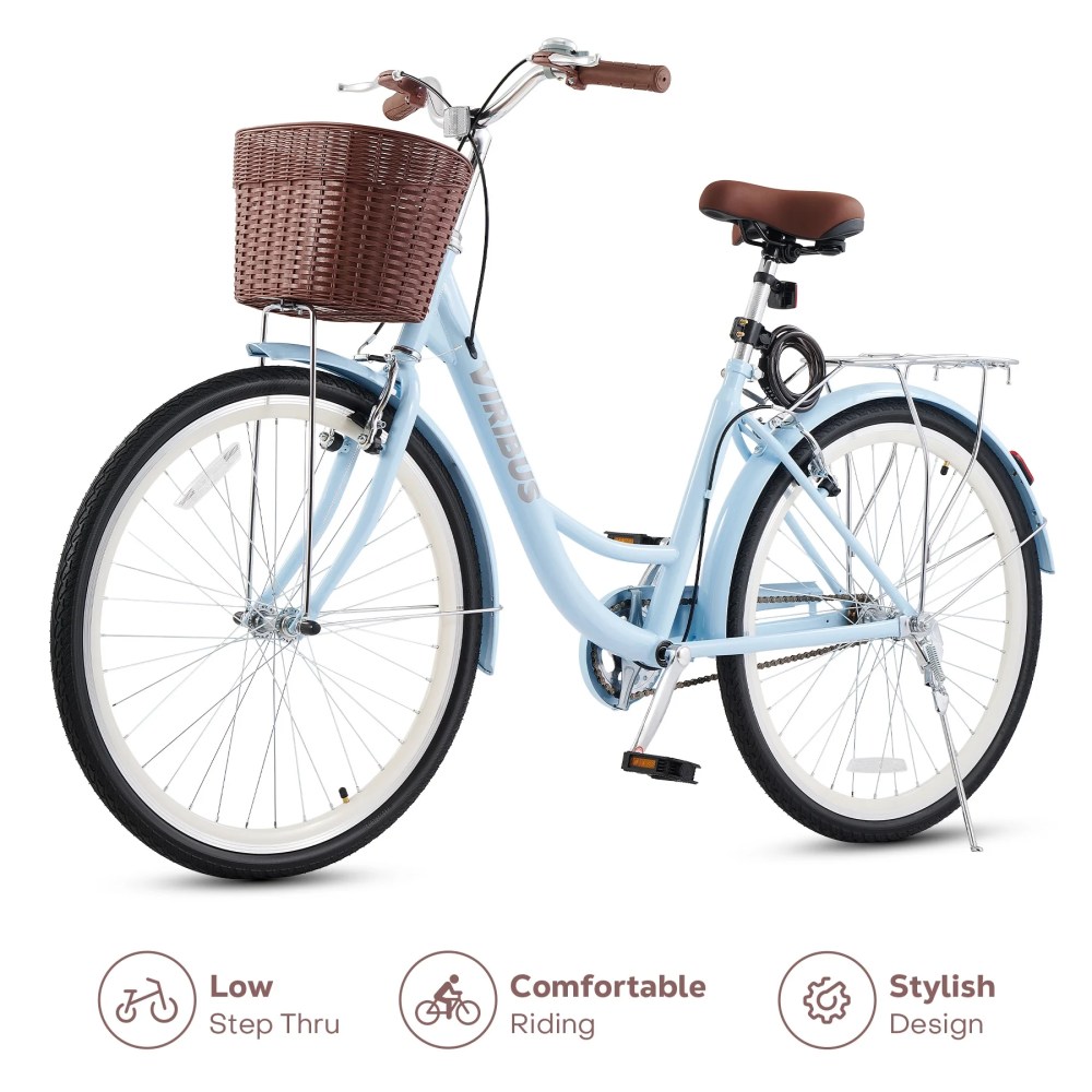 Viribus 24 inch City Cruiser Bicycle with Carbon Steel Frame Dual V Brakes Basket, Commute Bike for Women Adults, Blue