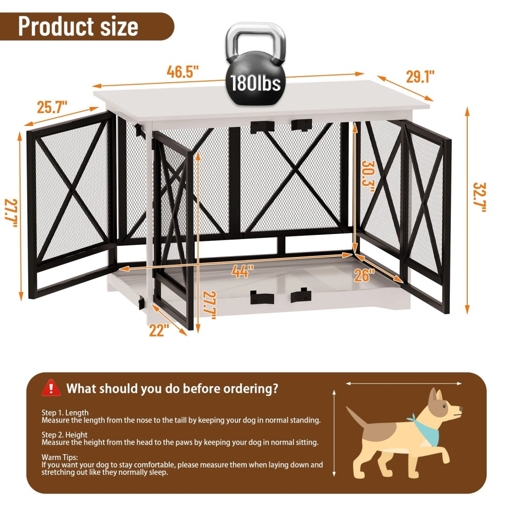 48 inch Extra Large Dog Crate Furniture, Double Door Indoor Kennel, End Side Table Wooden Dog Crates, Anti-Chew Anti-Escape, White - Image 9