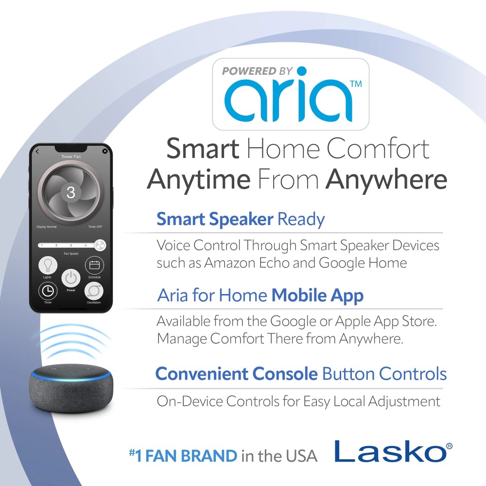 Lasko 40" 5-Speed Smart Tower Fan Powered by Aria, Wi-Fi Connected, Alexa, Google, White, T40735 - Image 13