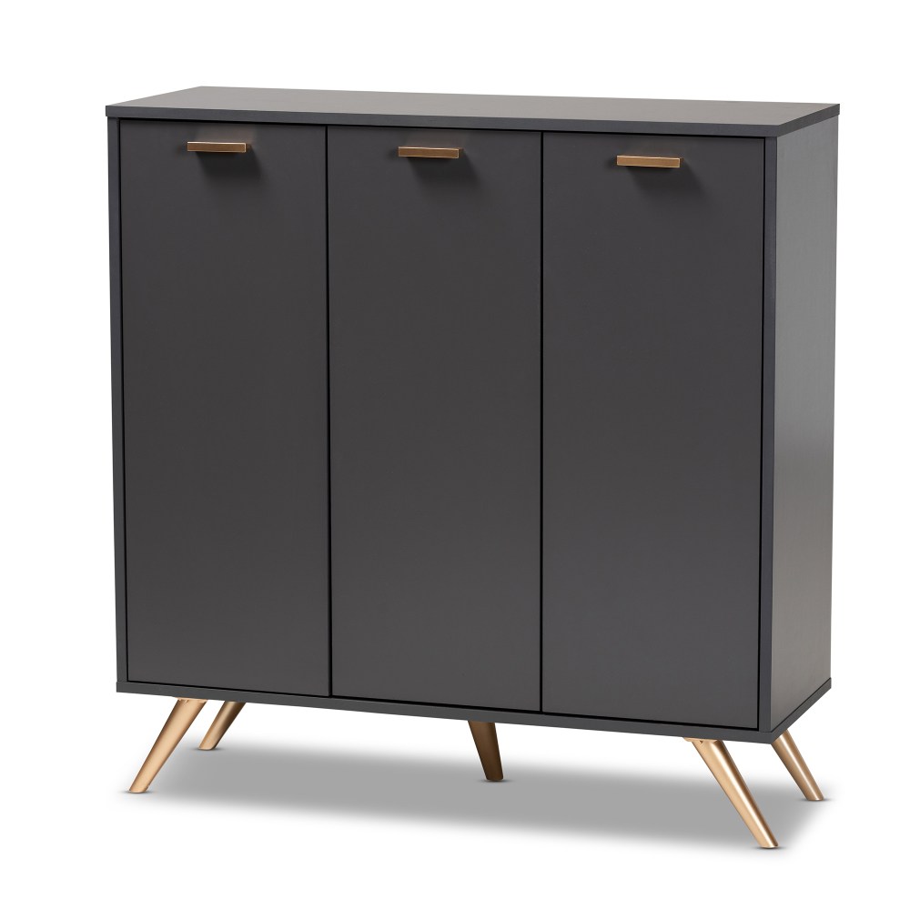 Baxton Studio Kelson Modern and Contemporary Dark Grey and Gold Finished Wood 3-Door Shoe Cabinet - Image 4