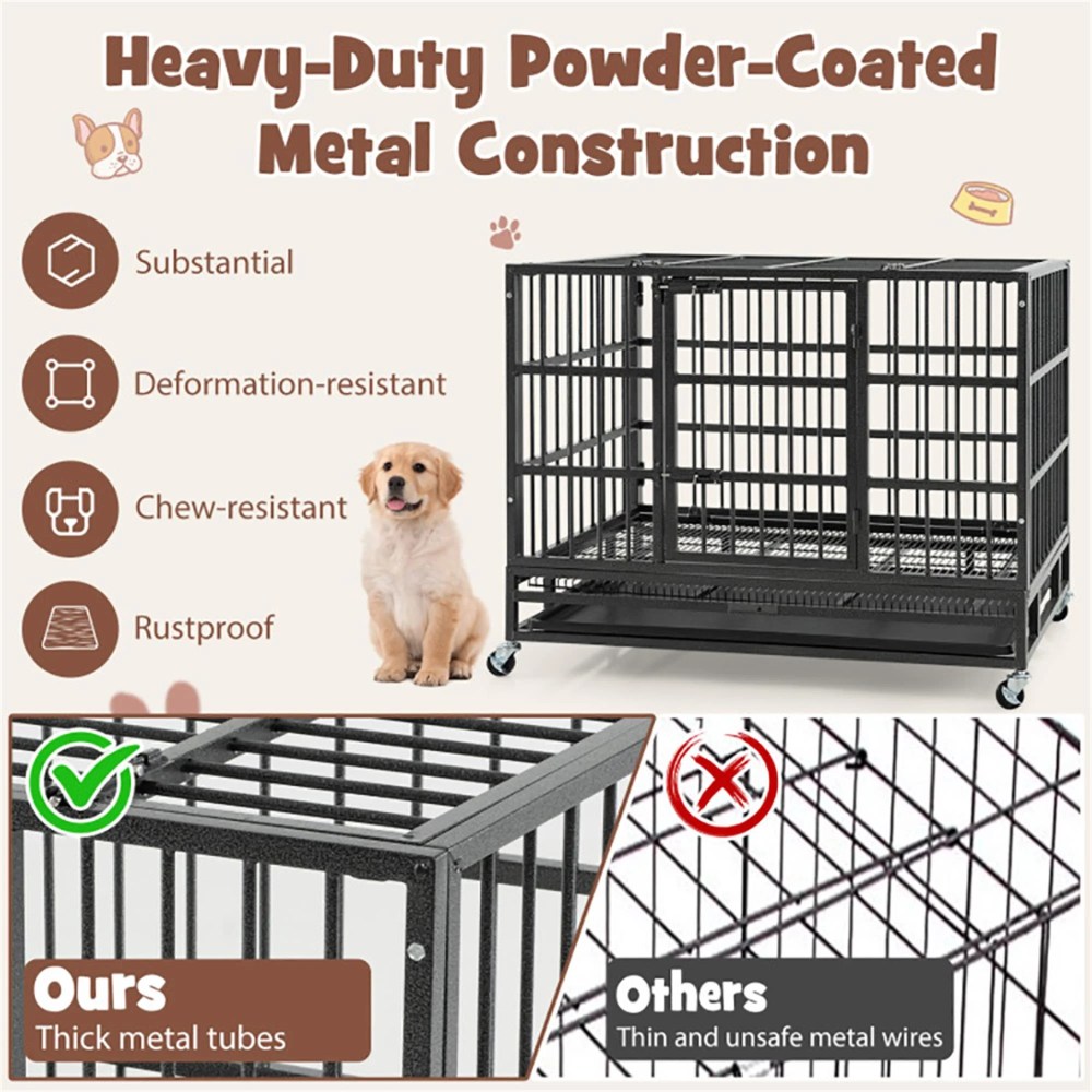 Pefilos 38 Inch Heavy Duty Dog Crate, Escape Proof Dog Cage Kennel with Lockable Wheels, Large House Indoor for Large Dog with Removable Tray, Black, M - Image 7