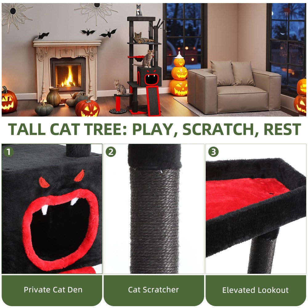 Uforic 60" Gothic Cat Tree Tower with Coffin Bed, Tall Cat Tower with Top Perch, Condos, Basket, Scratcher, Black Halloween - Image 5