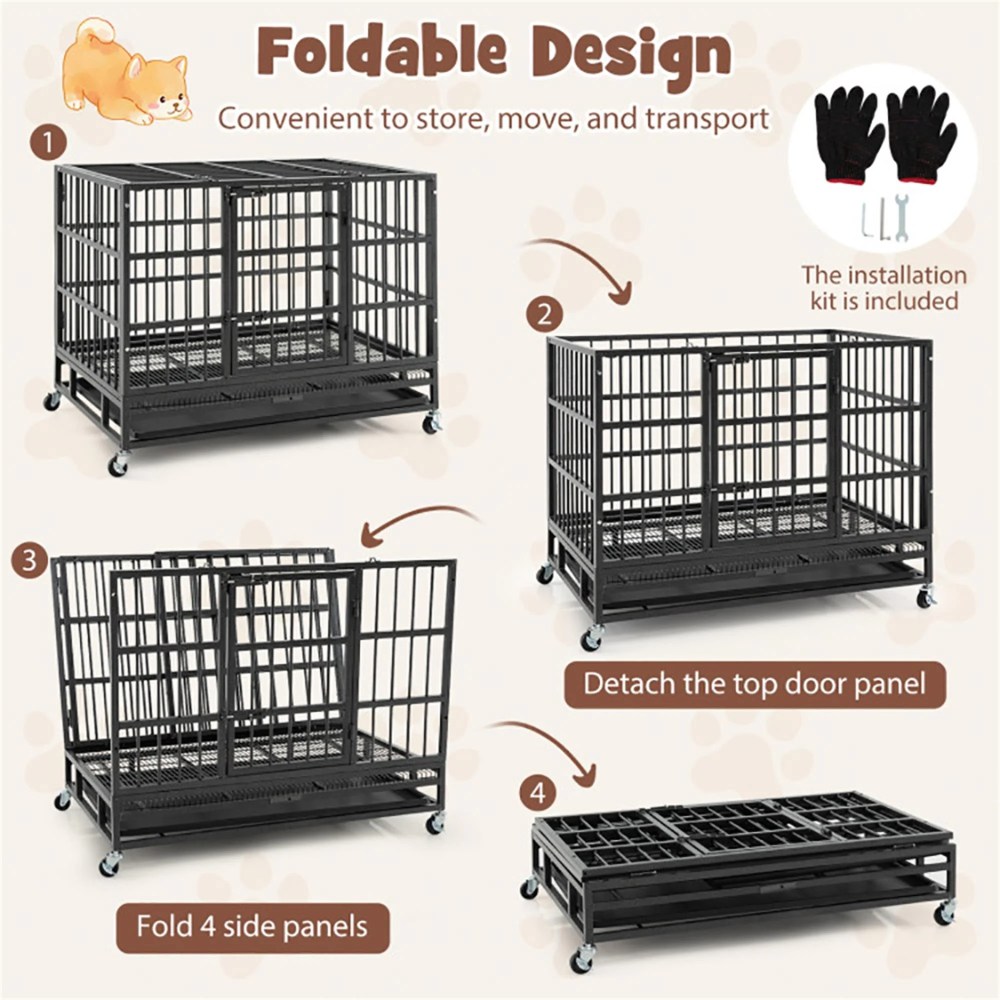 Pefilos 38 Inch Heavy Duty Dog Crate, Escape Proof Dog Cage Kennel with Lockable Wheels, Large House Indoor for Large Dog with Removable Tray, Black, M - Image 6