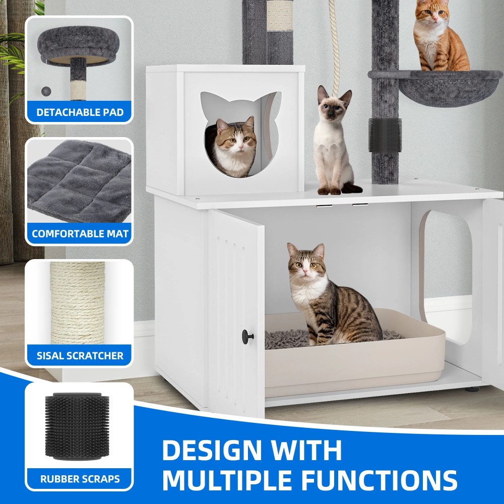 Dextrus 2-in-1 Cat Tree with Litter Box Enclosure, 53.5" Large Modern Cat Condo with Scratching Posts, Perch, Food Station, Hammocks, Scratch Post, White - Image 2