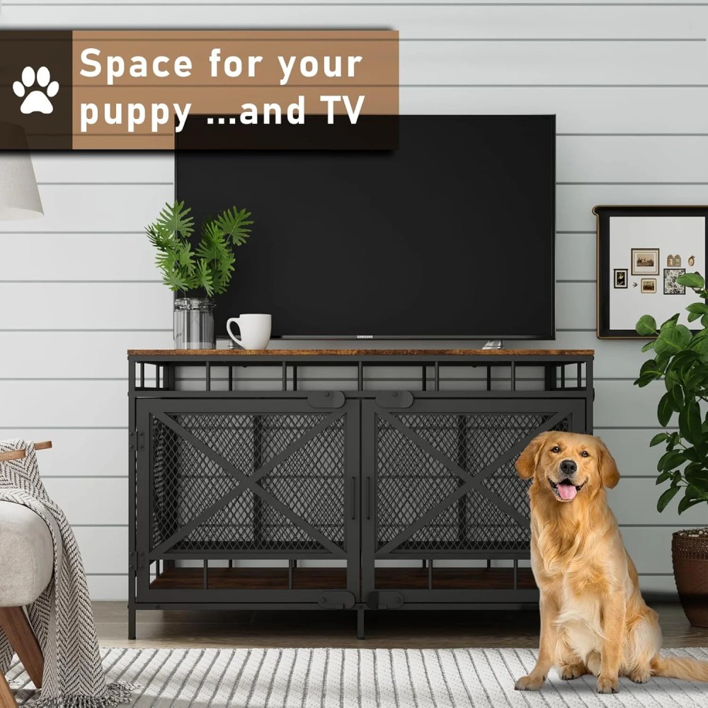 Dog Crate Furniture, Dog Kennel for Small Medium Large Breed, Heavy Duty 43" Large Corner Dog Crate, Indoor Pet Cage with Side Door (Retro Brown) - Image 2