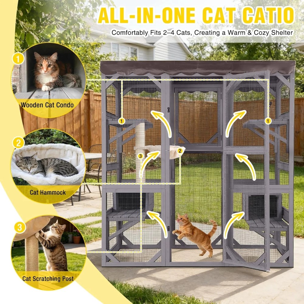 Aivituvin Catio Large Cat House Outdoor Walk in Outdoor Cat Enclosure Indoor Cage Kitty Condo Playpen with Door, Platform, Scratch Post, Hammock - 70" - Image 3