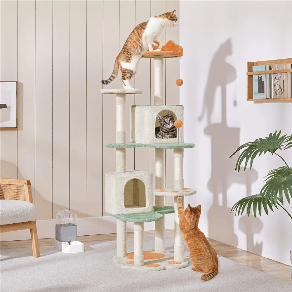 Yaheetech 65"H Cat Tree Paw-Shaped Play Tower, Beige