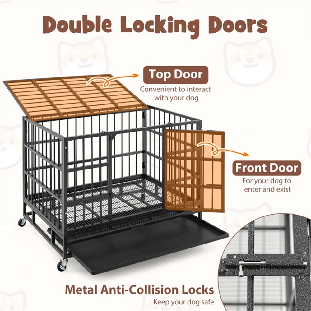 Pefilos 38 Inch Heavy Duty Dog Crate, Escape Proof Dog Cage Kennel with Lockable Wheels, Large House Indoor for Large Dog with Removable Tray, Black, M - Image 4