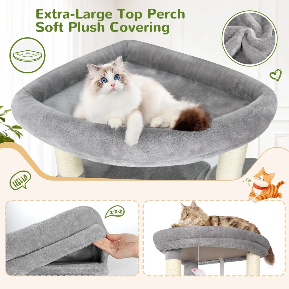 Globlazer 68" XL Corner Cat Tree Tower Condo for Large Cats - 6 Sisal Scratching Posts, 2 Condos, Hammock & Hanging Basket, Light Grey - Image 3