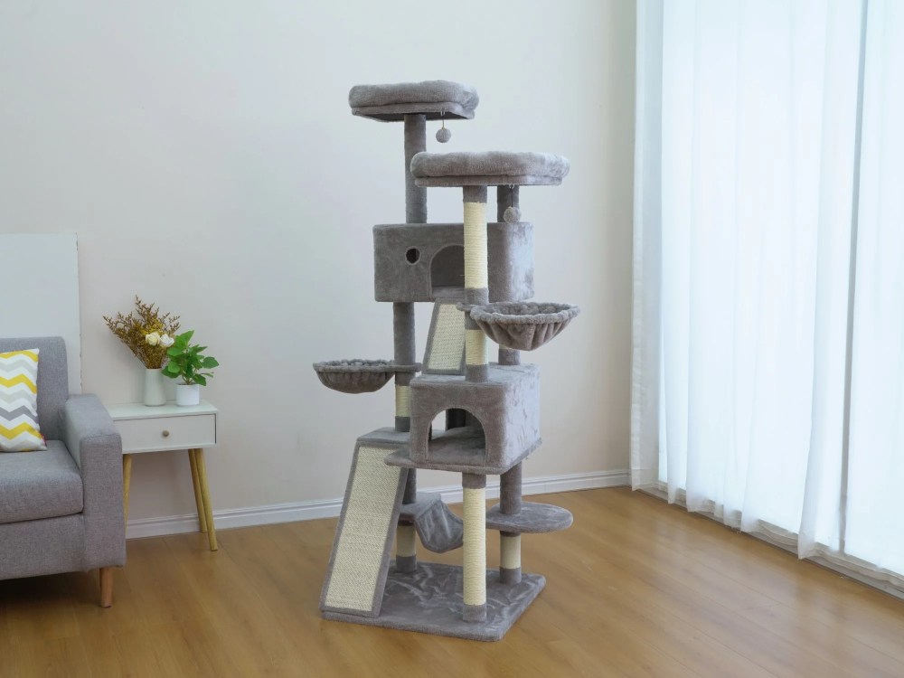 Vibrant Life Heavy Duty 8-Level 66" Cat Tree with Two Condos, Scratching Ramps, and Hammocks, Light Gray - Image 4