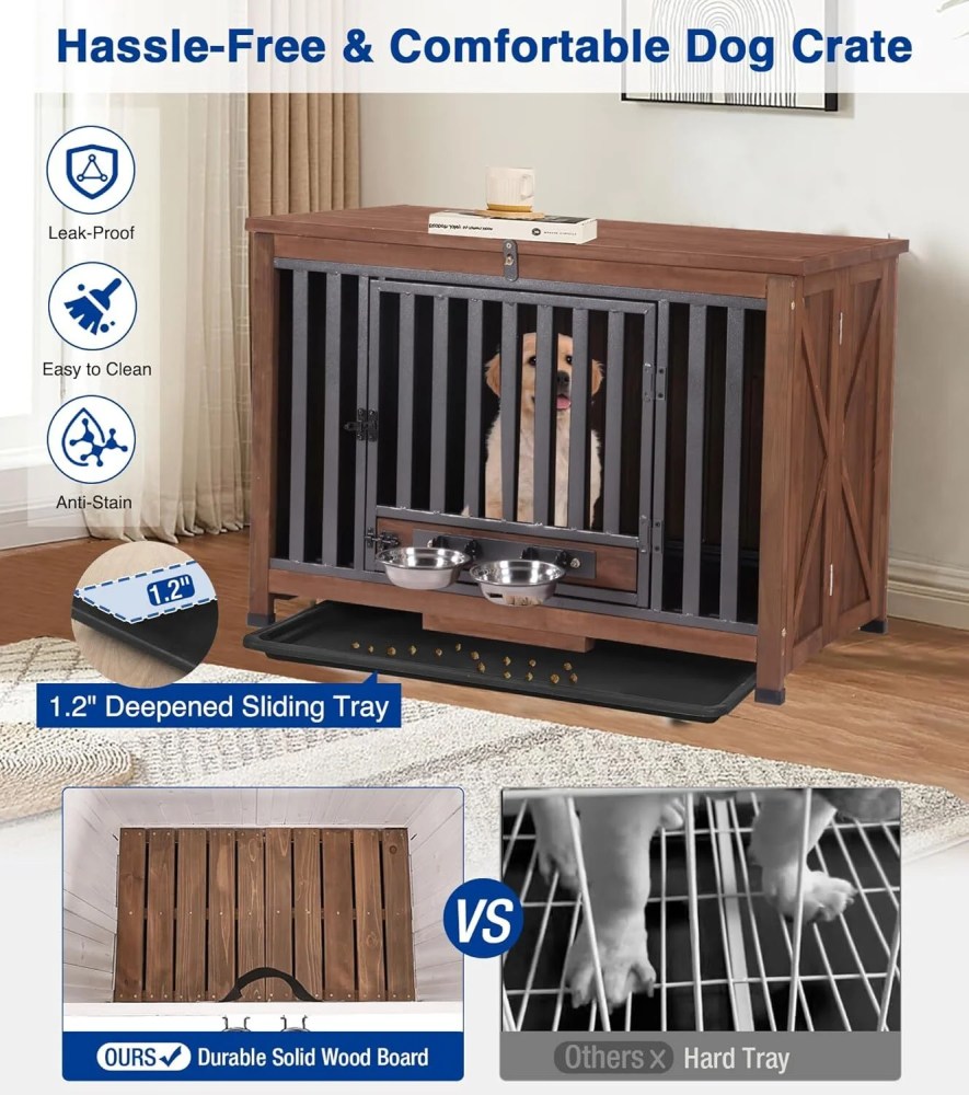 Aivituvin Dog Crate Furniture, Foldable Wooden Dog Kennel Furniture with 360'Rotating Feeding Bowls, Iron Frame Dog Crate with Deepened Sliding Tray , 39.4" L Brown - Image 6