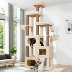 Globlazer Big Cat Tree Tower, 85in Multi-Level Tall Cat Tree Tower Indoor for Multiple Adult Cats with Scratching Post, 3 Perches, 3 Condos, 2 Hanging Basket, S85, Beige