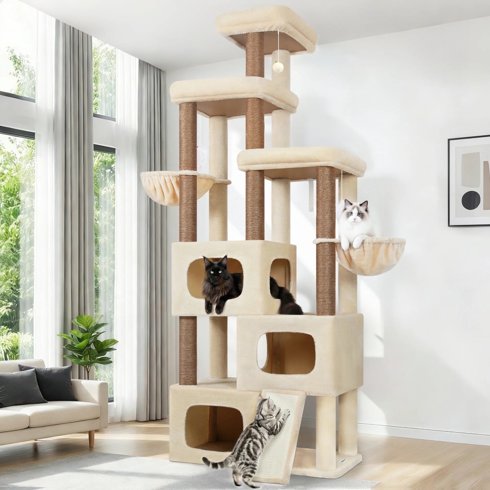 Globlazer Big Cat Tree Tower, 85in Multi-Level Tall Cat Tree Tower Indoor for Multiple Adult Cats with Scratching Post, 3 Perches, 3 Condos, 2 Hanging Basket, S85, Beige