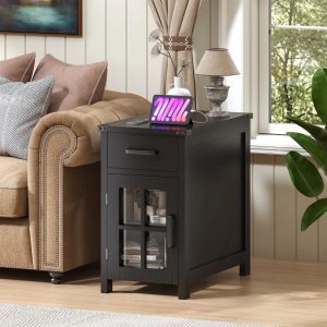 Winkalon Farmhouse End Table with Charging Station,Sofa Side Table with Drawer and Storage Cabinet,Small Nightstand for for Living Room,Bedroom