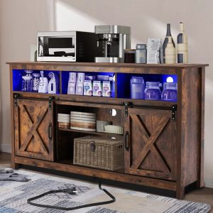 4 Layer Farmhouse Coffee Bar Cabinet With Power Outlet & LED Light,57" Barn Door Buffet Cabinet Kitchen Storage With Adjustable Shelves(Brown)