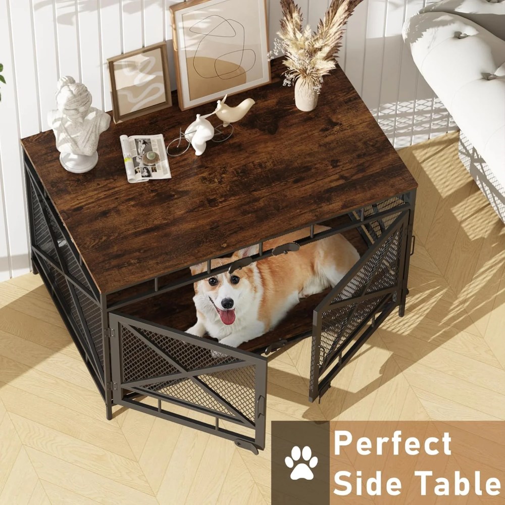 Dog Crate Furniture, Dog Kennel for Small Medium Large Breed, Heavy Duty 43" Large Corner Dog Crate, Indoor Pet Cage with Side Door (Retro Brown) - Image 6