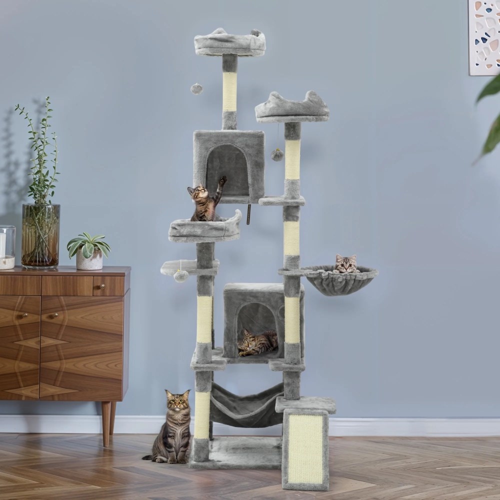 Dextrus 75" Tall Cat Tree for Large Cats, Multi-Level Play Tower Condo with Sisal Ramp Scratching Post & Hammocks, Light Gray - Image 3