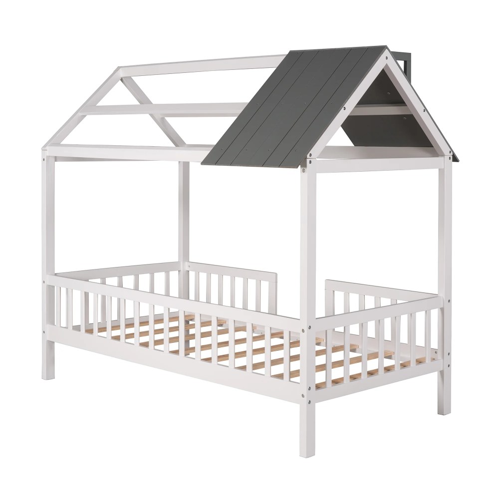 Aukfa Twin House Bed with Fence and Roof, Wood Montessori Bed for Kids, Teens - White/Gray - Image 2