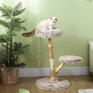 PawHut 35 Inch Moden Cat Tree Tower with Wooden Scratching Post,  Brown