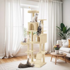 Uforic 75"Cat Tree Tower for Large Cats, Multi Level Play Tower Condo with Scratching Posts&Hammock,  Beige
