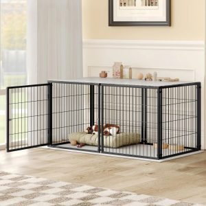 QNACPY Heavy-Duty Steel Dog Crate Furniture,  48" Metal Kennel Indoor, Extra Large Dogs Cage for Small/Medium/Large Dogs, End Table TV Stand, Black
