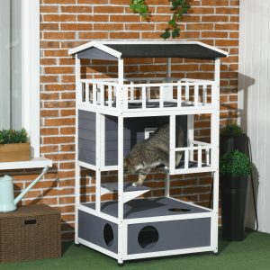 Pawhut Solid Wood 4-Floor Cat Condo with Litter Box Space