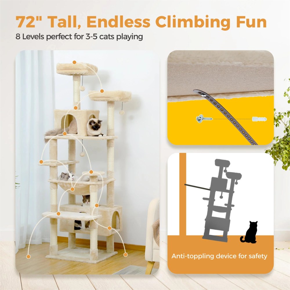 Pefilos 72" Large Cat Tree Tower with Sisal Scratching Post, Indoor Cat Condo for Big Cat Maine Coon, Beige - Image 9