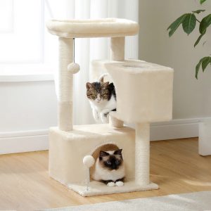 Pefilos 31" Multi-Level Cat Tree Tower,  Cute Sisal Play House Climber Activity Centre Furniture with Scratching Posts Hammock Dangling Ball,  Beige