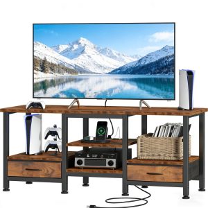 47" TV Stand for TVs up to 65 Inch,with USB Charging Station Featuring AC Outlets and Type-C Port,Media Console with 2 Fabric Drawers and Open Shelves,Modern Entertainment Center for Living Room