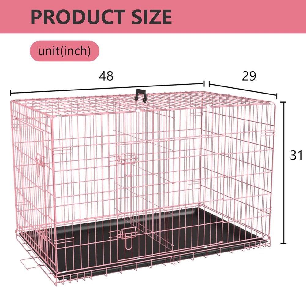 Dog Crates for Large Dogs 48 Inch Folding Mental Wire Crates Outdoor and Indoor Pet Dog Cage with Double-Door, Divider Panel, Removable Tray, Pink - Image 2