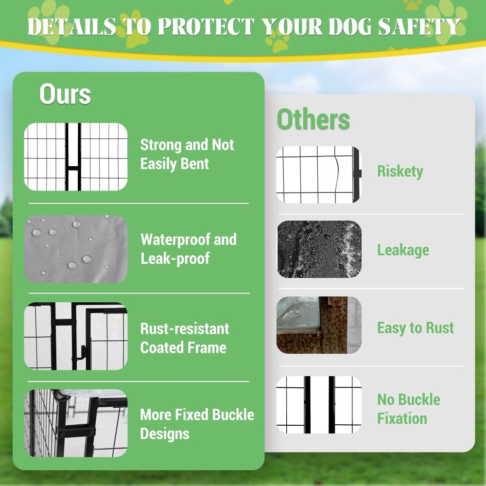 Haverchair Large Outdoor Dog Kennel, Heavy Duty Welded Wire Steel Dog Enclosure Playpen Crate with Waterproof UV-Resistant Roof Cover, Double Lock Dog Kennels Fence with Rotating Feeding Door Bowls - Image 6