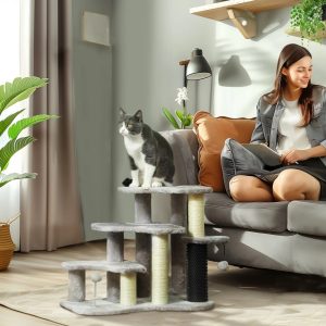 PawHut 20" Cat Tree,  2 in 1 Cat Tower 3-Step Pet Stairs with Scratching Posts,  Tickling Post,  Toy Balls,  for High Beds,  Couch,  Sofa,  Light Gray
